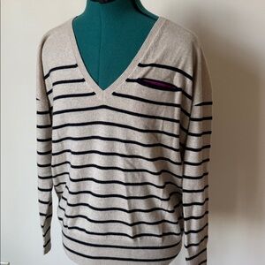 Seaton | 100% Cashmere Striped Pullover V-neck Sweater in Tan | Size S